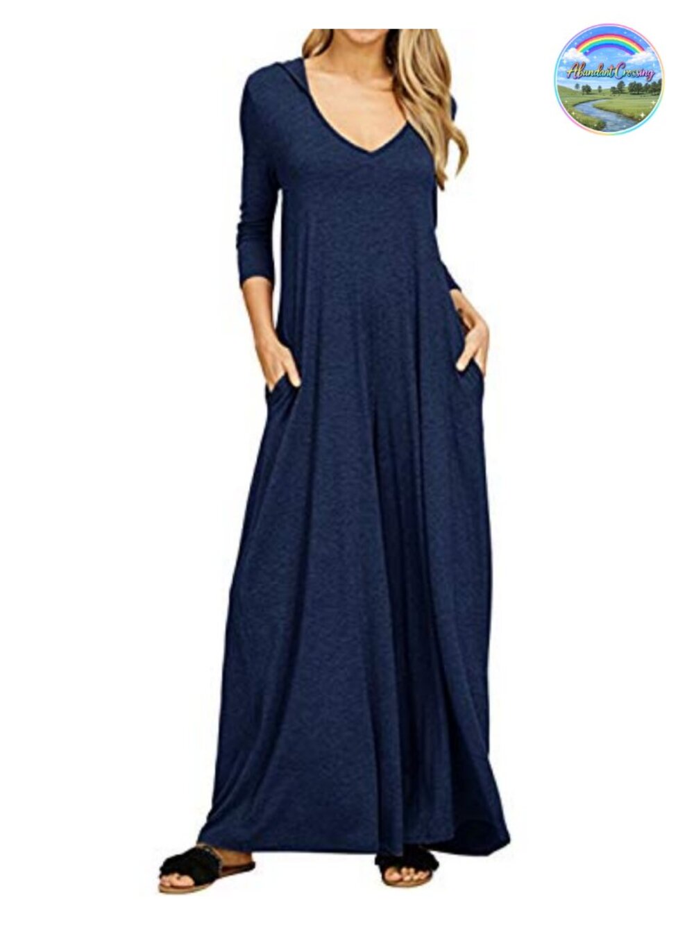 Women's Midi Dress 3/4 Sleeve Loose Fit Pockets Polyester Cotton